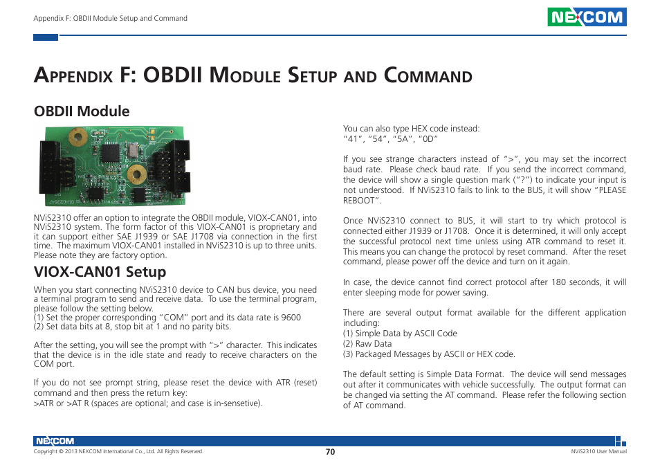 F: obdii m, Ppendix, Odule | Etup, Ommand, Obdii module, Viox-can01 setup | NEXCOM NViS 2310 User Manual | Page 84 / 105