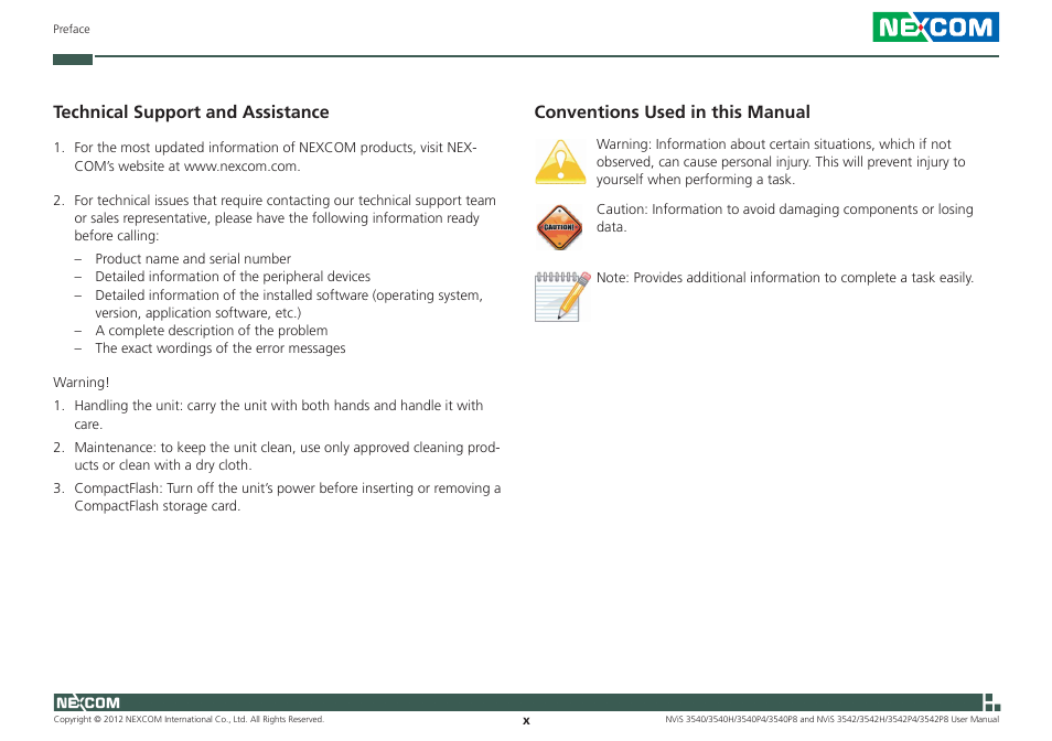 Conventions used in this manual, Technical support and assistance | NEXCOM NViS 3542 User Manual | Page 10 / 159