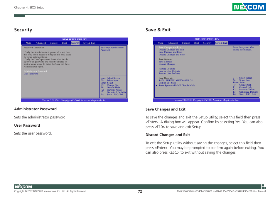 Security, Save & exit | NEXCOM NViS 3542 User Manual | Page 109 / 159