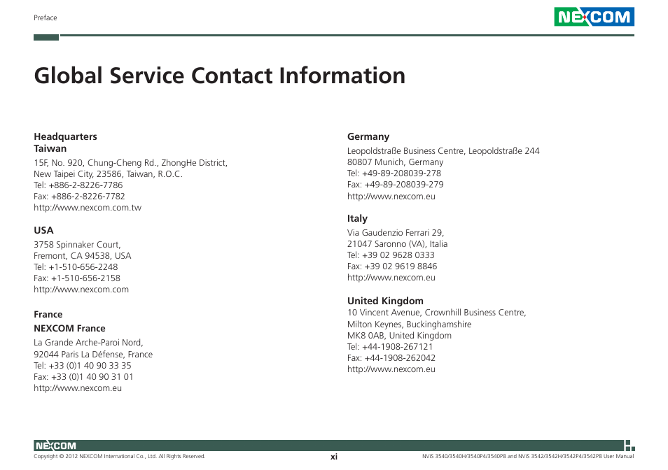 Global service contact information | NEXCOM NViS 3542 User Manual | Page 11 / 159