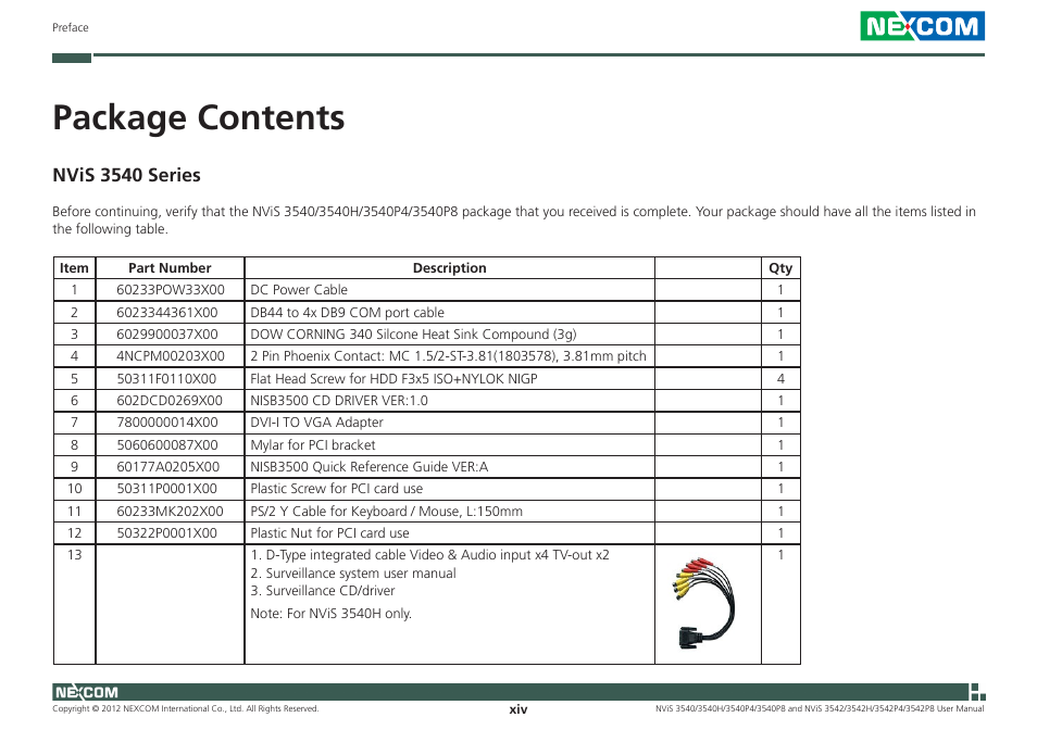 Package contents, Nvis 3540 series | NEXCOM NViS 3542 User Manual | Page 14 / 159