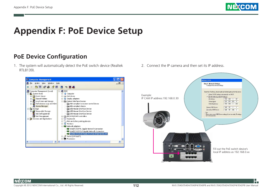 Appendix f: poe device setup, Poe device configuration | NEXCOM NViS 3542 User Manual | Page 149 / 159