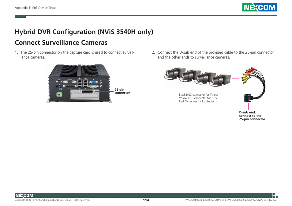 Hybrid dvr configuration (nvis 3540h only), Connect surveillance cameras | NEXCOM NViS 3542 User Manual | Page 151 / 159