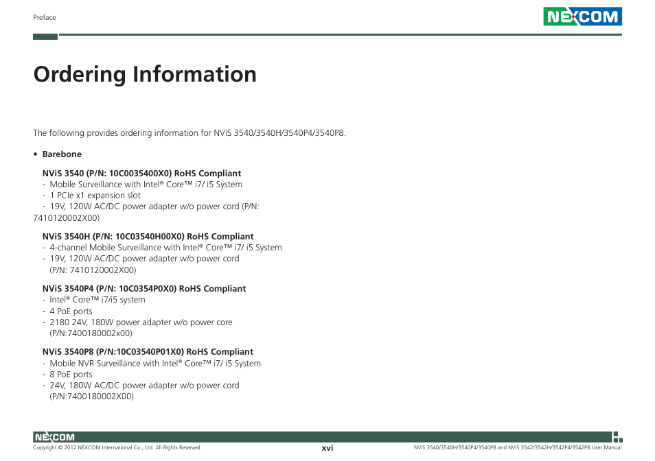 Ordering information | NEXCOM NViS 3542 User Manual | Page 16 / 159