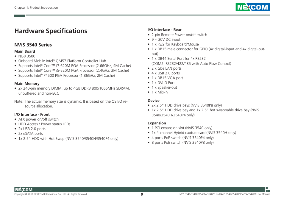 Hardware specifications, Nvis 3540 series | NEXCOM NViS 3542 User Manual | Page 26 / 159