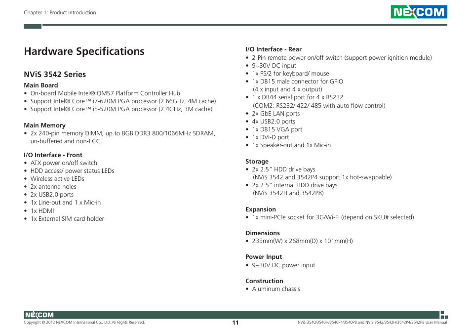 Hardware specifications, Nvis 3542 series | NEXCOM NViS 3542 User Manual | Page 28 / 159