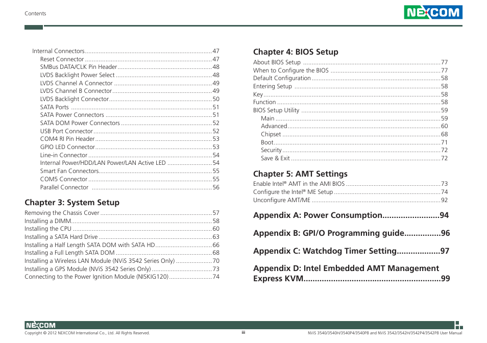 Chapter 3: system setup, Chapter 4: bios setup, Chapter 5: amt settings | NEXCOM NViS 3542 User Manual | Page 3 / 159