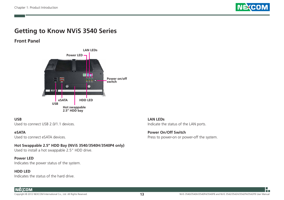 Getting to know nvis 3540 series, Front panel | NEXCOM NViS 3542 User Manual | Page 30 / 159