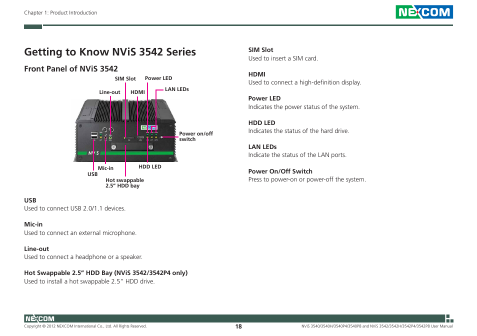 Getting to know nvis 3542 series, Front panel of nvis 3542 | NEXCOM NViS 3542 User Manual | Page 35 / 159