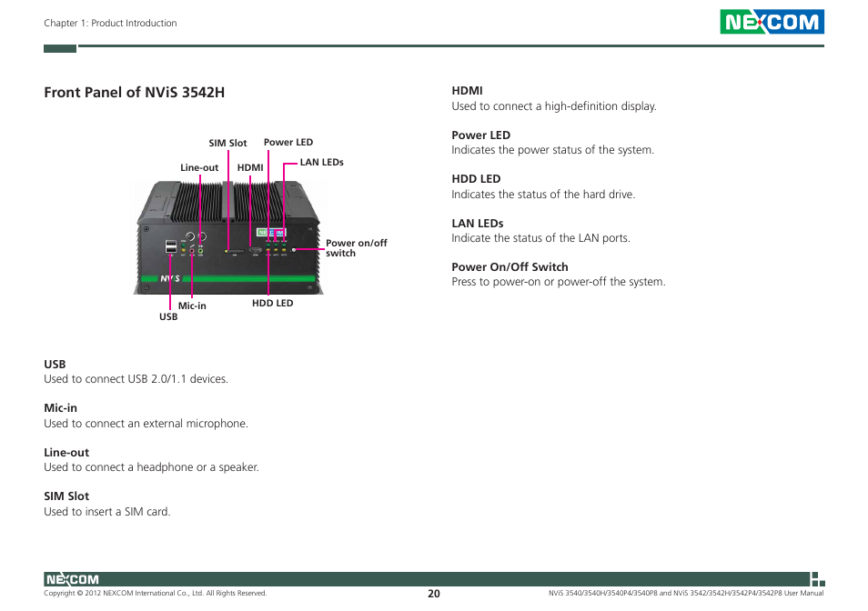 Front panel of nvis 3542h | NEXCOM NViS 3542 User Manual | Page 37 / 159