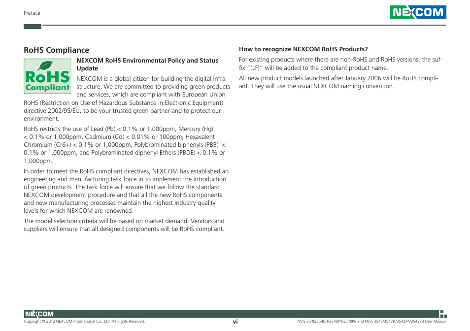 Rohs compliance | NEXCOM NViS 3542 User Manual | Page 6 / 159