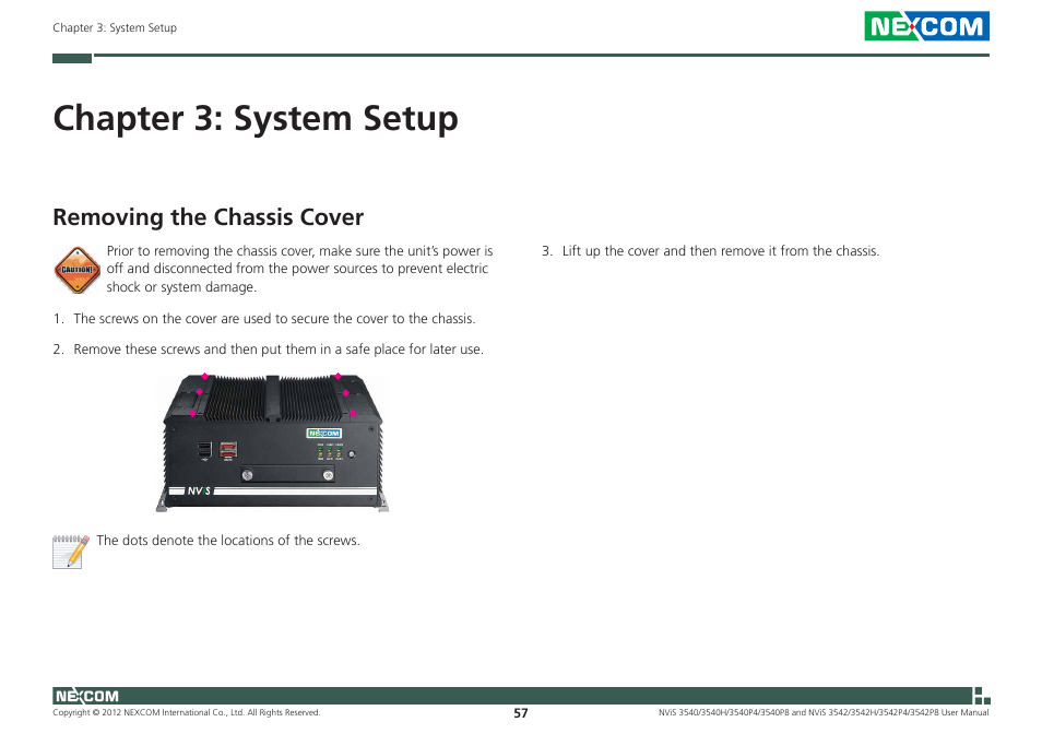 Chapter 3: system setup, Removing the chassis cover | NEXCOM NViS 3542 User Manual | Page 74 / 159