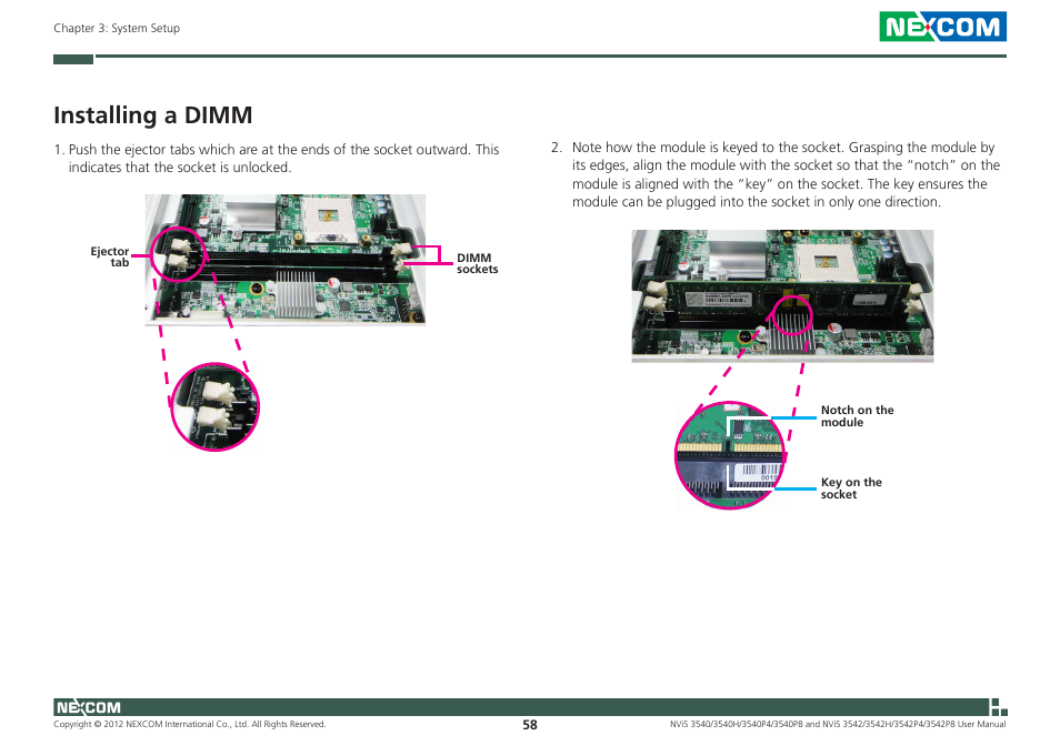 Installing a dimm | NEXCOM NViS 3542 User Manual | Page 75 / 159