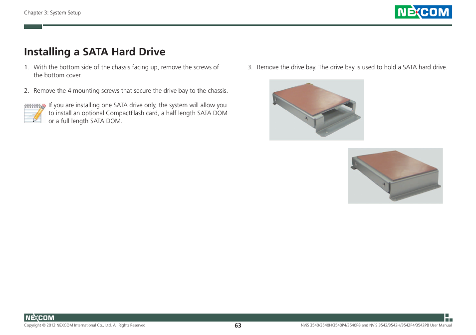 Installing a sata hard drive | NEXCOM NViS 3542 User Manual | Page 80 / 159