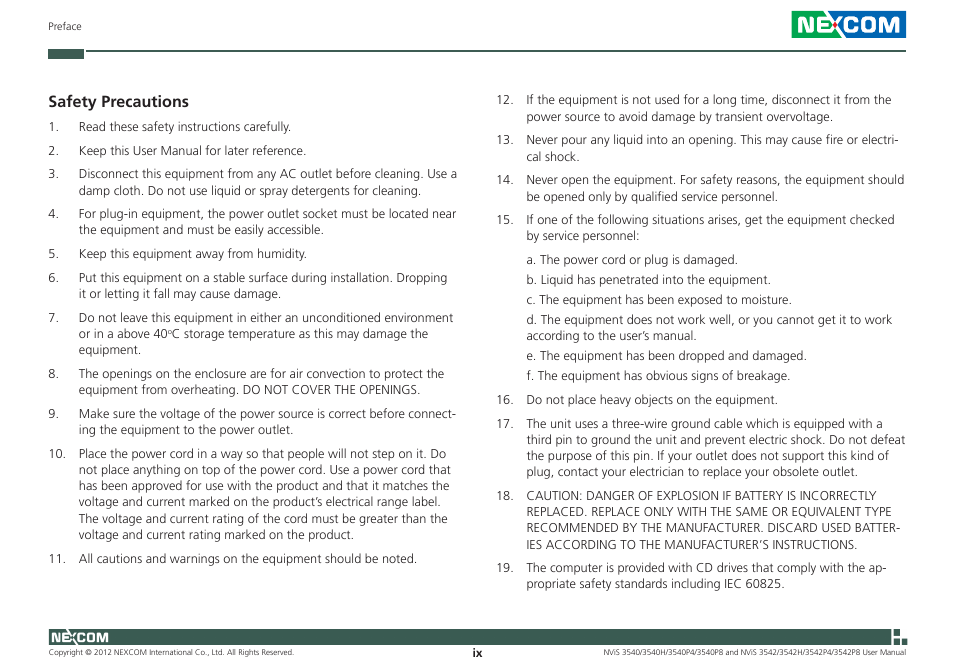 Safety precautions | NEXCOM NViS 3542 User Manual | Page 9 / 159