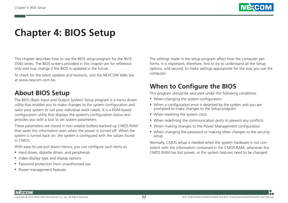 Chapter 4: bios setup, About bios setup, When to configure the bios | NEXCOM NViS 3542 User Manual | Page 94 / 159