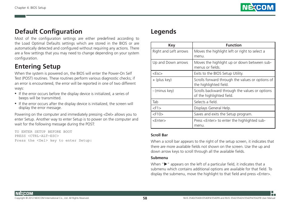 Default configuration, Entering setup, Legends | NEXCOM NViS 3542 User Manual | Page 95 / 159