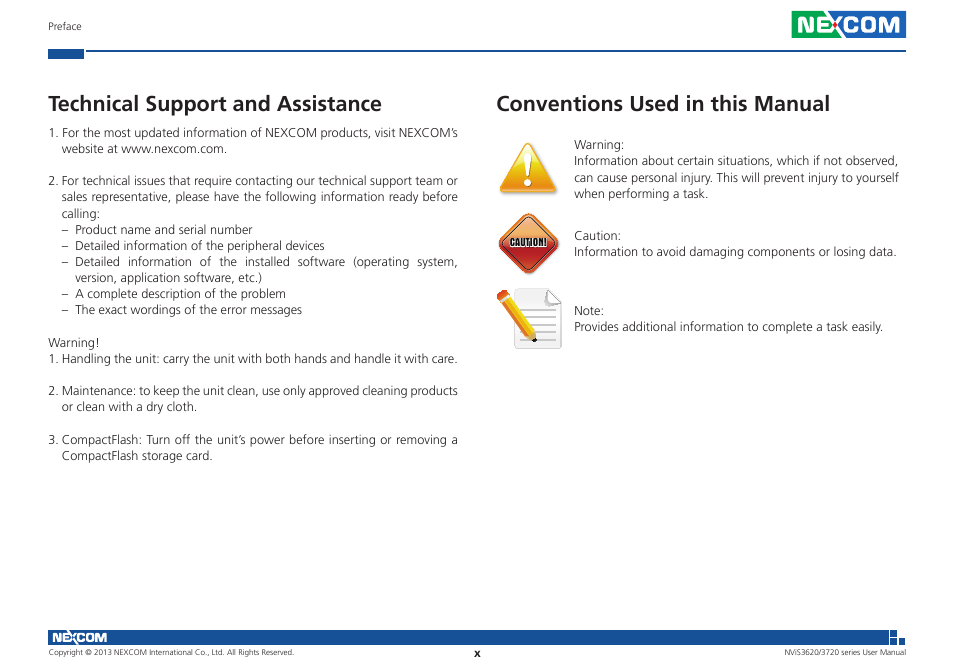 Conventions used in this manual, Technical support and assistance | NEXCOM NViS 3620 User Manual | Page 10 / 111