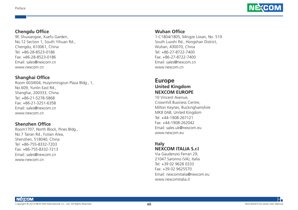 Europe | NEXCOM NViS 3620 User Manual | Page 12 / 111