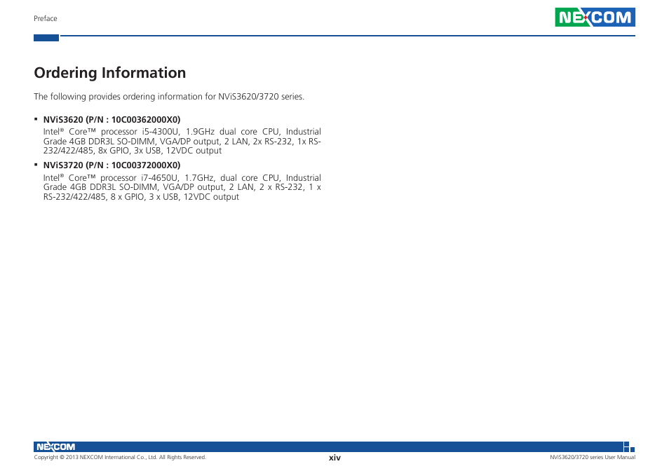 Ordering information | NEXCOM NViS 3620 User Manual | Page 14 / 111