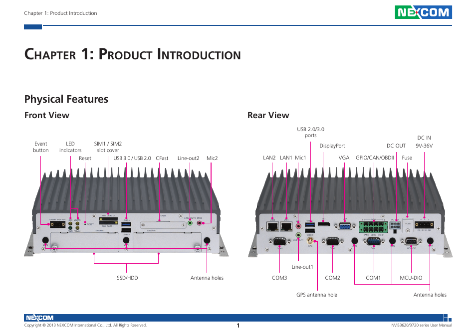 Hapter, Roduct, Ntroduction | Physical features, Front view, Rear view | NEXCOM NViS 3620 User Manual | Page 15 / 111