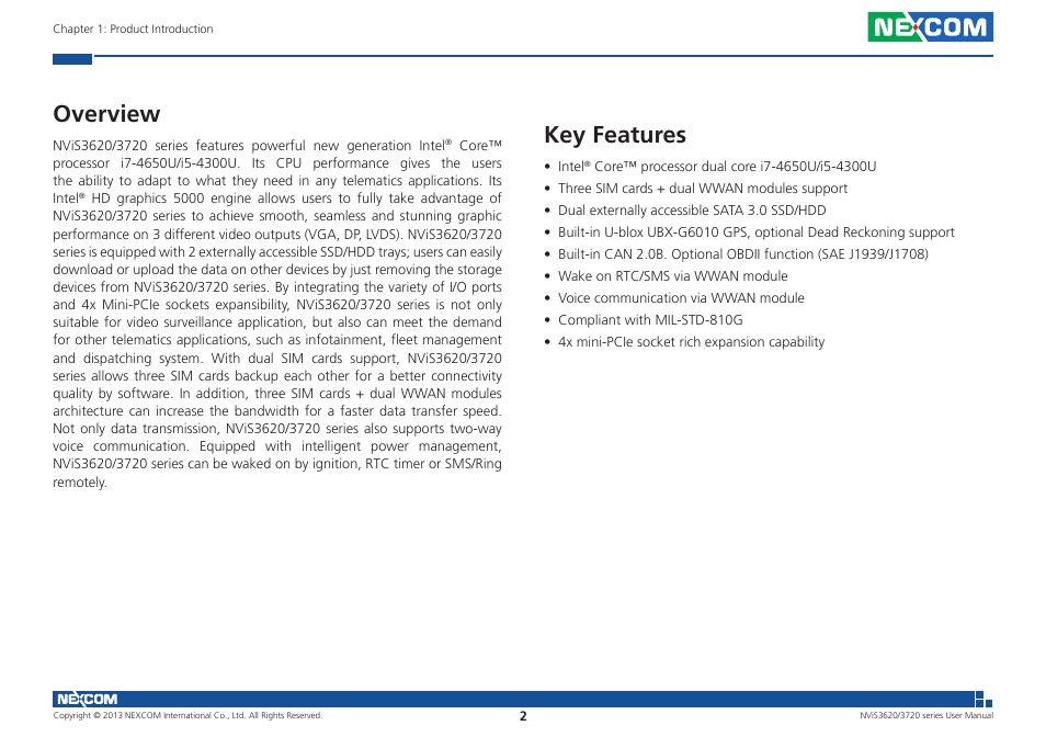 Overview, Key features | NEXCOM NViS 3620 User Manual | Page 16 / 111