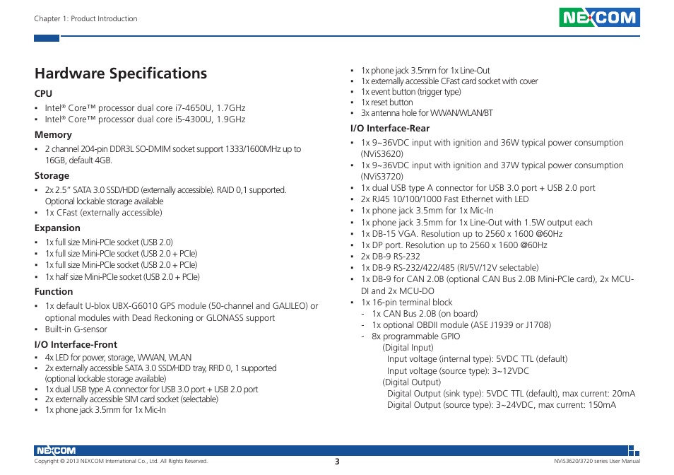 Hardware specifications | NEXCOM NViS 3620 User Manual | Page 17 / 111