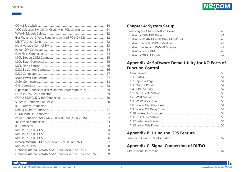Chapter 4: system setup, Appendix b: using the gps feature, Appendix c: signal connection of di/do | NEXCOM NViS 3620 User Manual | Page 3 / 111