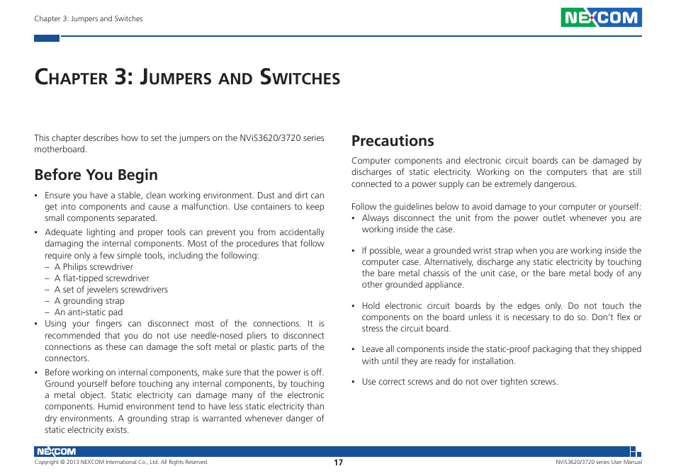 Hapter, Umpers, Witches | Before you begin, Precautions | NEXCOM NViS 3620 User Manual | Page 31 / 111