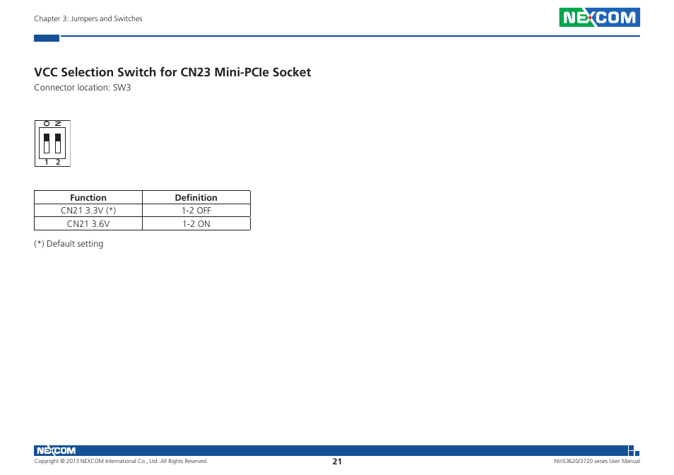 Vcc selection switch for cn23 mini-pcie socket | NEXCOM NViS 3620 User Manual | Page 35 / 111