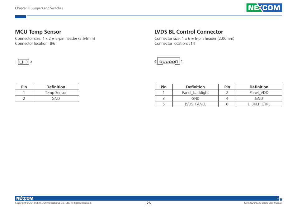 Mcu temp sensor, Lvds bl control connector | NEXCOM NViS 3620 User Manual | Page 40 / 111