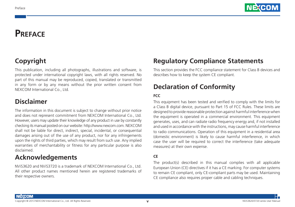 Reface, Regulatory compliance statements, Declaration of conformity | Copyright, Disclaimer, Acknowledgements | NEXCOM NViS 3620 User Manual | Page 5 / 111