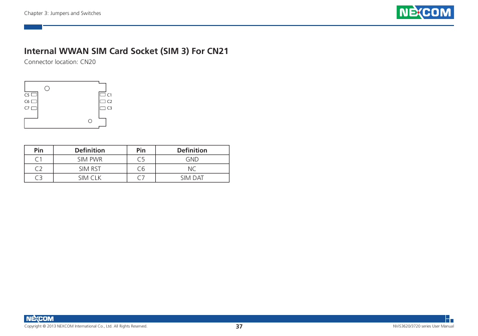 Internal wwan sim card socket (sim 3) for cn21 | NEXCOM NViS 3620 User Manual | Page 51 / 111