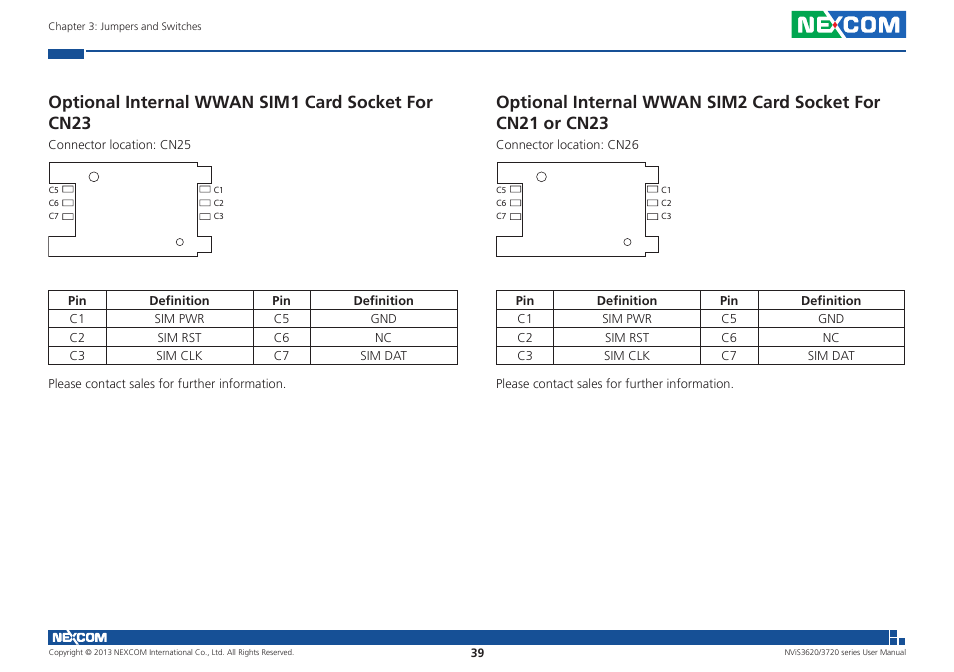 Optional internal wwan sim1 card socket for cn23 | NEXCOM NViS 3620 User Manual | Page 53 / 111