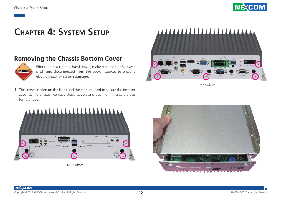 Hapter, Ystem, Etup | Removing the chassis bottom cover | NEXCOM NViS 3620 User Manual | Page 54 / 111