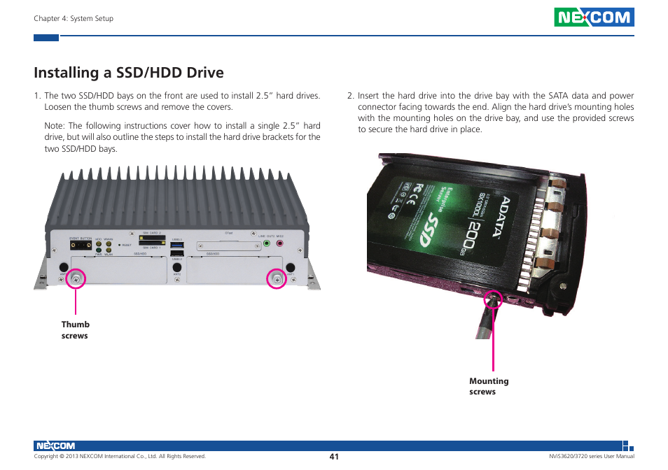 Installing a ssd/hdd drive | NEXCOM NViS 3620 User Manual | Page 55 / 111