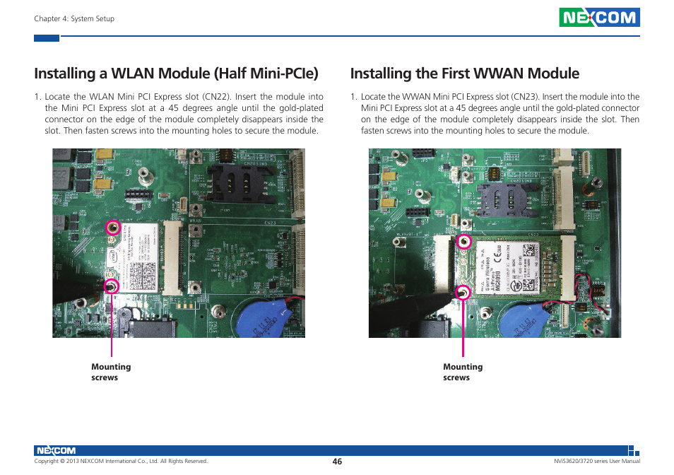 Installing a wlan module (half mini-pcie), Installing the first wwan module | NEXCOM NViS 3620 User Manual | Page 60 / 111