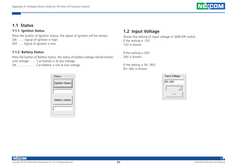 1 status, 2 input voltage | NEXCOM NViS 3620 User Manual | Page 65 / 111