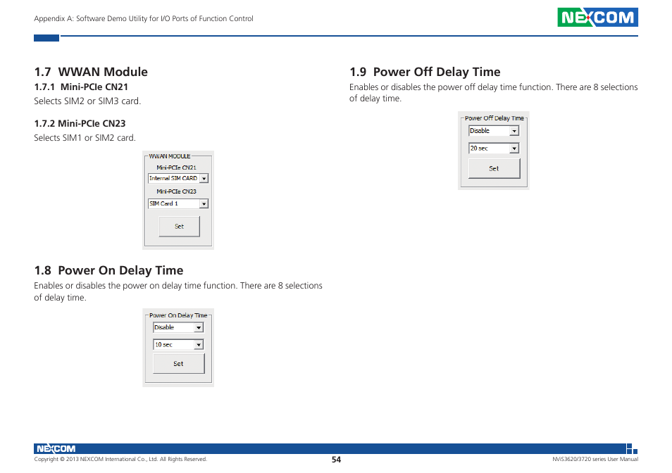 7 wwan module, 8 power on delay time, 9 power off delay time | NEXCOM NViS 3620 User Manual | Page 68 / 111