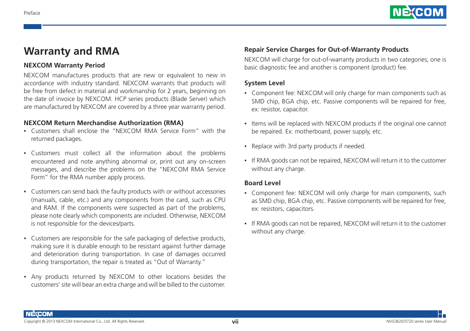 Warranty and rma | NEXCOM NViS 3620 User Manual | Page 7 / 111