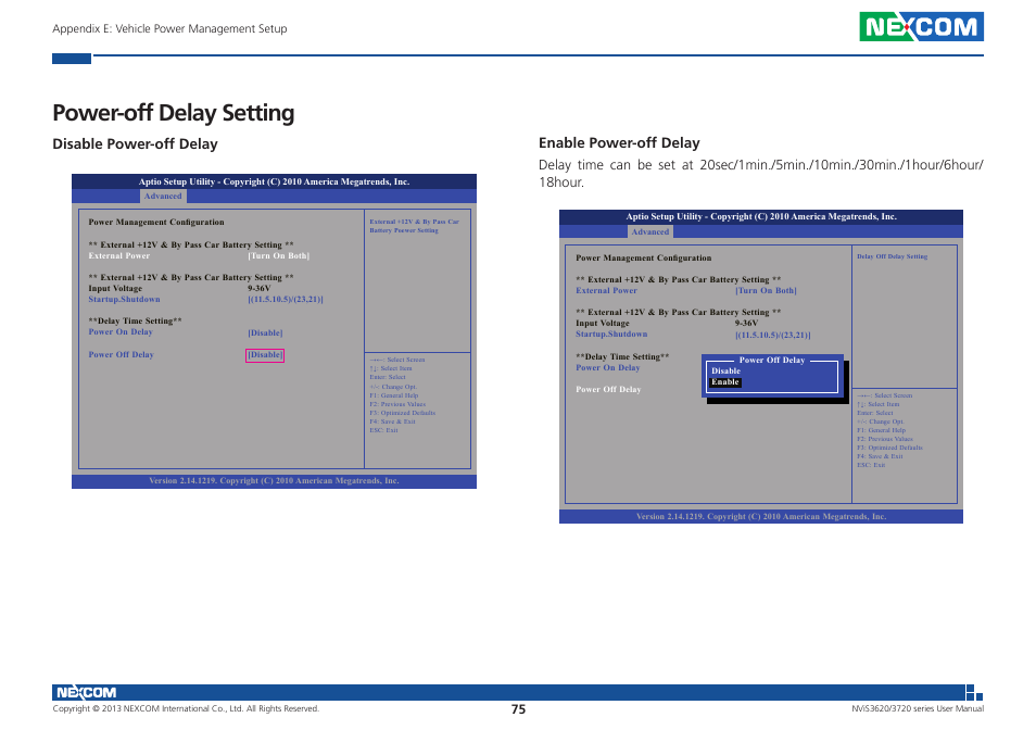 Power-off delay setting, Disable power-off delay, Enable power-off delay | NEXCOM NViS 3620 User Manual | Page 89 / 111