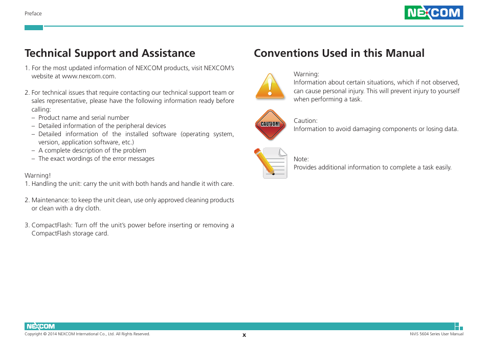 Technical support and assistance, Conventions used in this manual | NEXCOM NViS 5604-i5 User Manual | Page 10 / 73