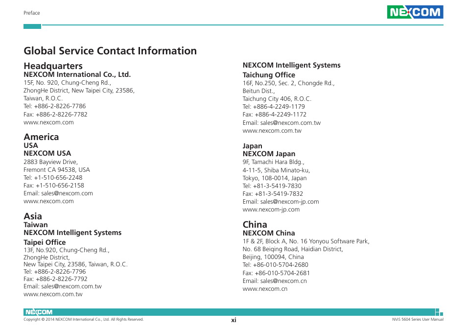 Global service contact information, Headquarters, America | Asia, China | NEXCOM NViS 5604-i5 User Manual | Page 11 / 73