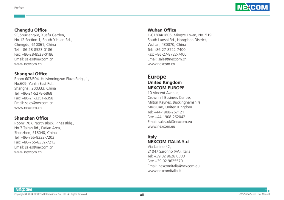 Europe | NEXCOM NViS 5604-i5 User Manual | Page 12 / 73