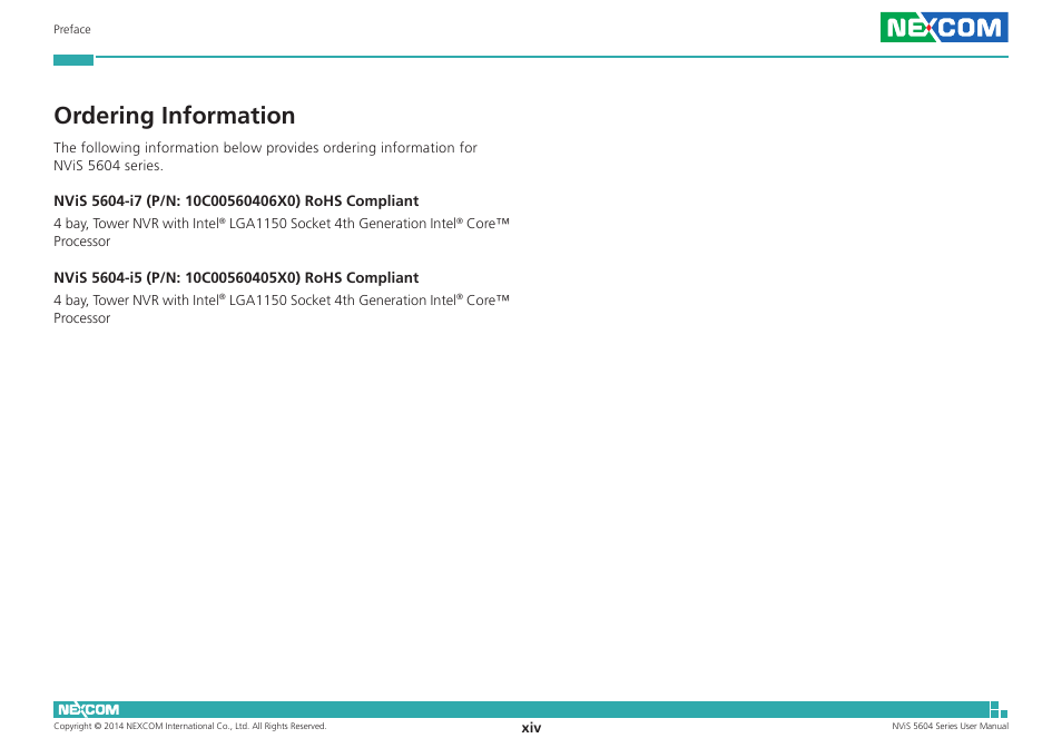 Ordering information | NEXCOM NViS 5604-i5 User Manual | Page 14 / 73