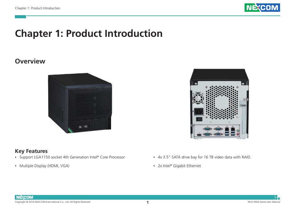 Chapter 1: product introduction, Overview, Key features | NEXCOM NViS 5604-i5 User Manual | Page 15 / 73