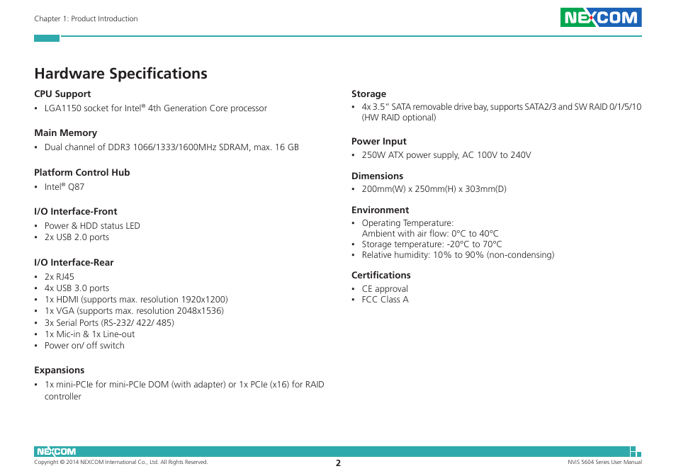 Hardware specifications | NEXCOM NViS 5604-i5 User Manual | Page 16 / 73