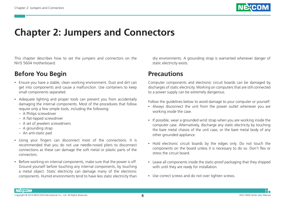 Chapter 2: jumpers and connectors, Before you begin, Precautions | Before you begin precautions | NEXCOM NViS 5604-i5 User Manual | Page 20 / 73