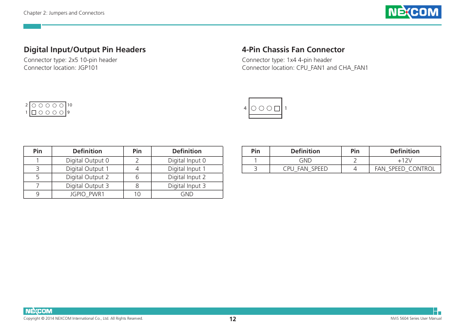 Digital input/output pin headers, Pin chassis fan connector | NEXCOM NViS 5604-i5 User Manual | Page 26 / 73