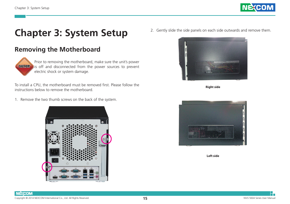 Chapter 3: system setup, Removing the motherboard | NEXCOM NViS 5604-i5 User Manual | Page 29 / 73